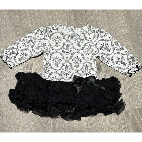 Baby Glam Black Tutu Dress 3M | Damask Print Long Sleeve Skirted Romper - Picture 1 of 3